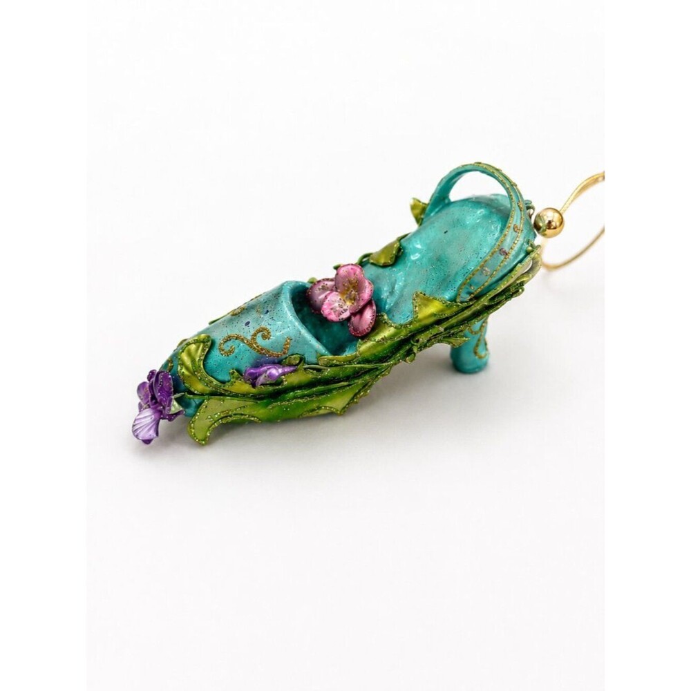 Whimsical Fairy Shoe Christmas Ornament | Hand Painted Teal Floral Slipper